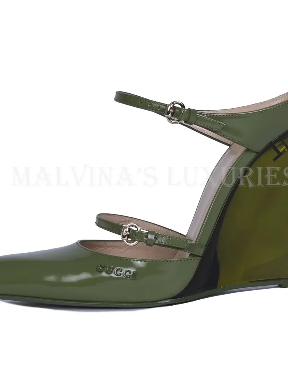 GUCCI SHOES LEATHER w LUCITE WEDGE MULES LOGO EMBOSSED  sz 39 9